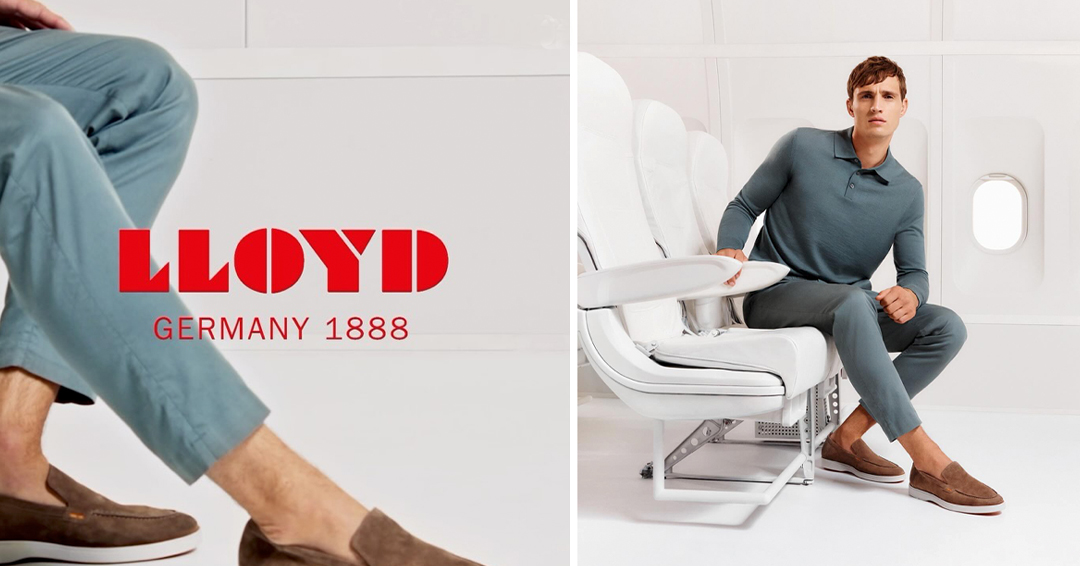 Two captivating images showcase a male model amidst the sleek interior of an airplane, highlighting the sophisticated footwear from Lloyd Shoes Germany for raw studios. News