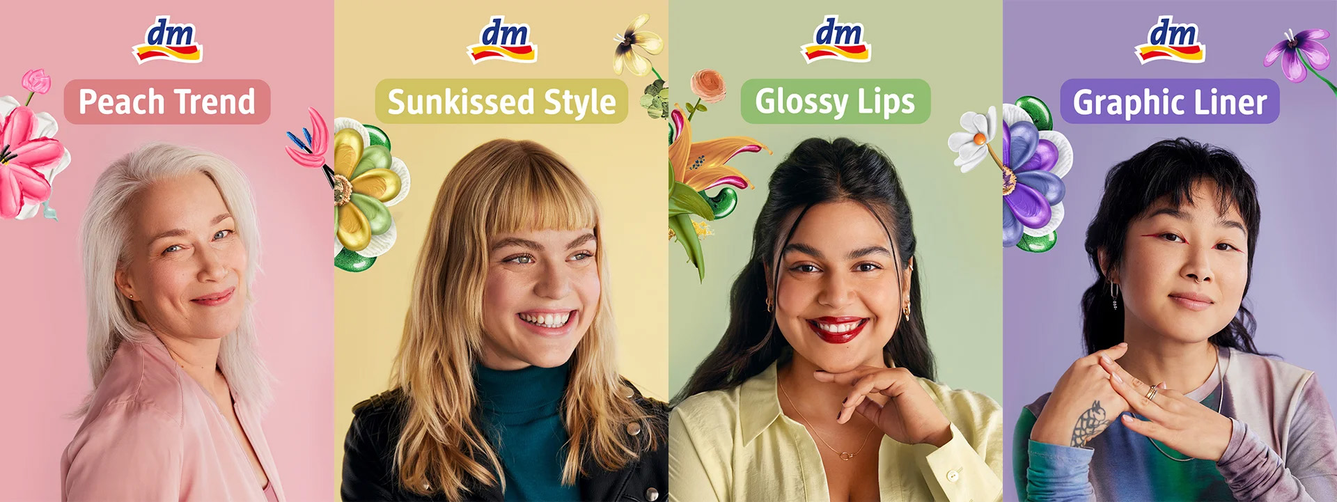 Four models of diverse ethnicities pose for a beauty campaign by dm drogerie
