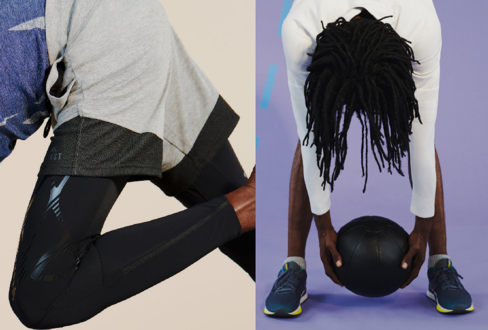 Two close-up images of everyday people engaging in sports activities: stretching, and bending over.