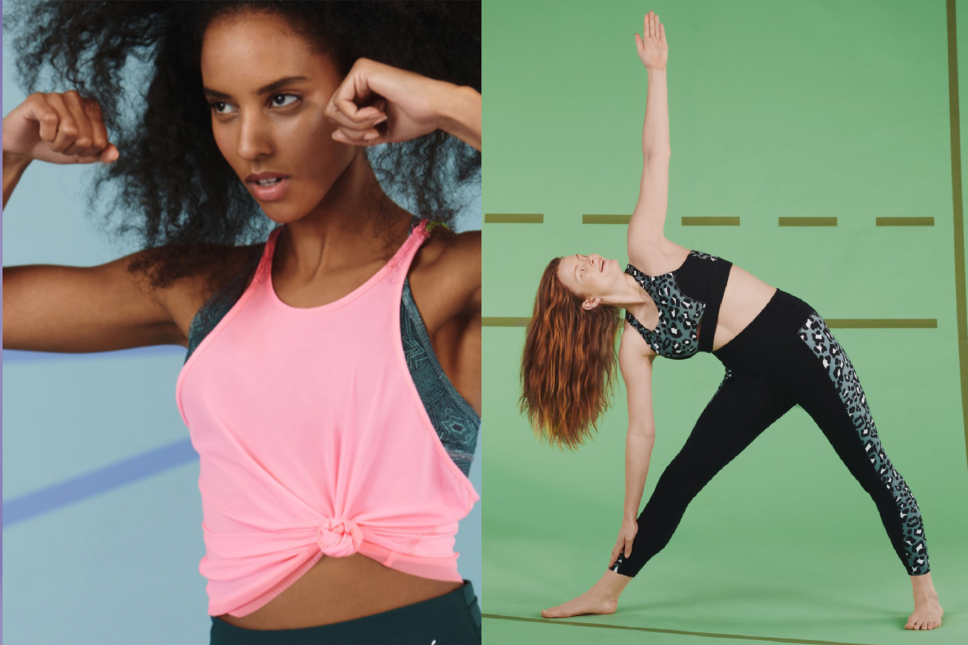 A Black female model boxing and a Caucasian female model stretching.