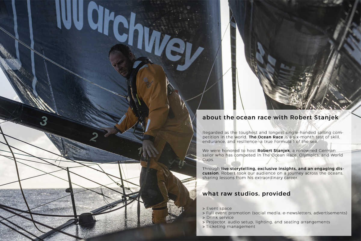 A presentation sheet for "The Ocean Race with Robert Stanjek," showcasing Robert in action along with event details and services provided by raw studios.