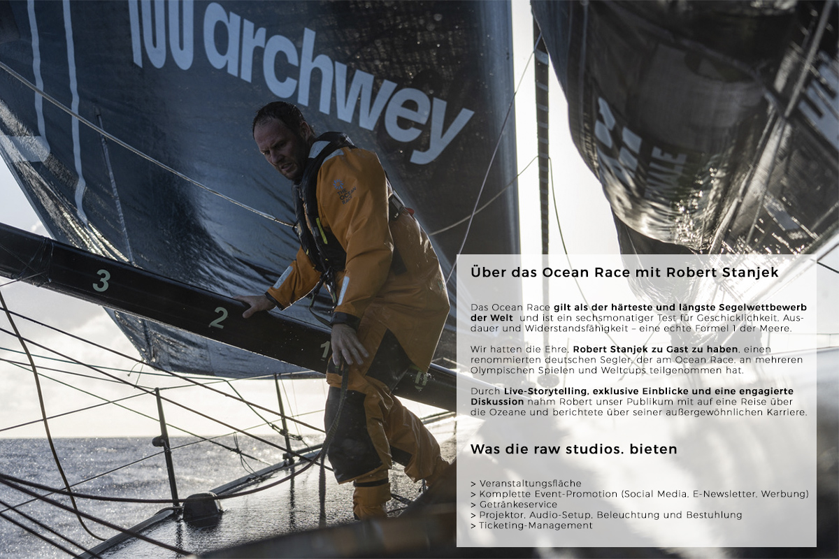 Eine Präsentationsseite für "The Ocean Race mit Robert Stanjek", die Robert in Aktion zeigt, zusammen mit Veranstaltungsdetails und den von raw studios. bereitgestellten Services.