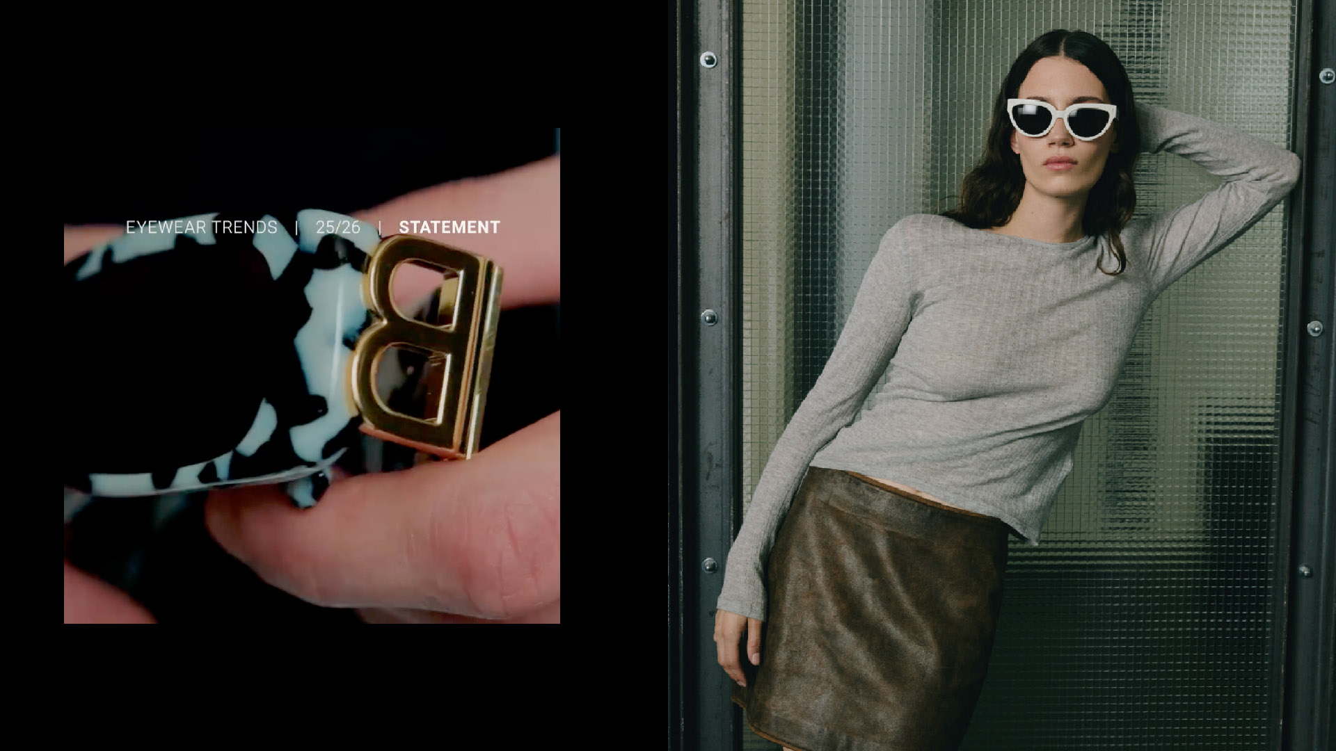 Close-up of statement eyewear with gold detail, and model in white cat-eye sunglasses leaning against glass wall – Mister Spex 25/26 campaign at raw studios Berlin.