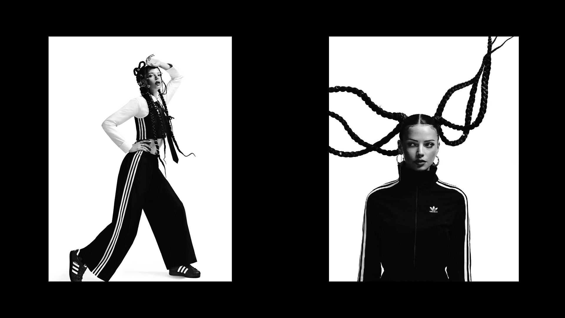 Adidas Superstar campaign with Nina Chuba shot at raw studios, rental studios Berlin, featuring bold styling and creative braids.
