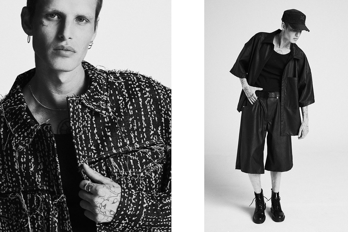 Close-up and full-body shots of model in nowrubi capsule collection at raw studios – textured black jacket, leather shorts and boots, fashion photography in Berlin Rental Studio.