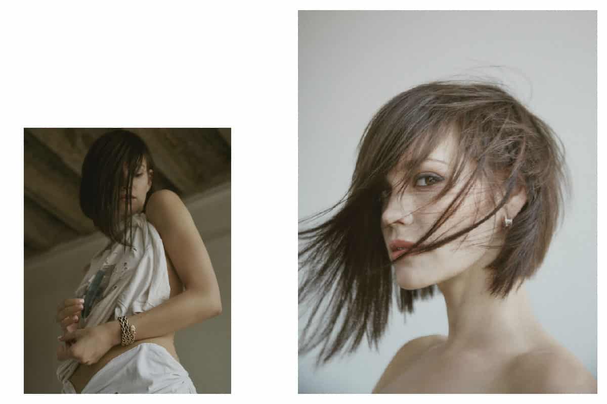 Emilia Schüle in a white top with dynamic hair movement, photographed by Eric Asamoah at raw studios Berlin.