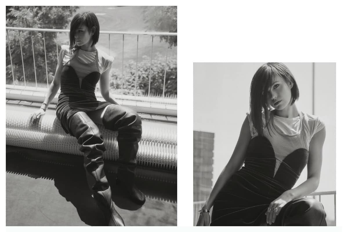 Black and white portraits of Emilia Schüle outdoors at raw studios Berlin for ZOO Magazine Issue 88 “Beyond Belief.”