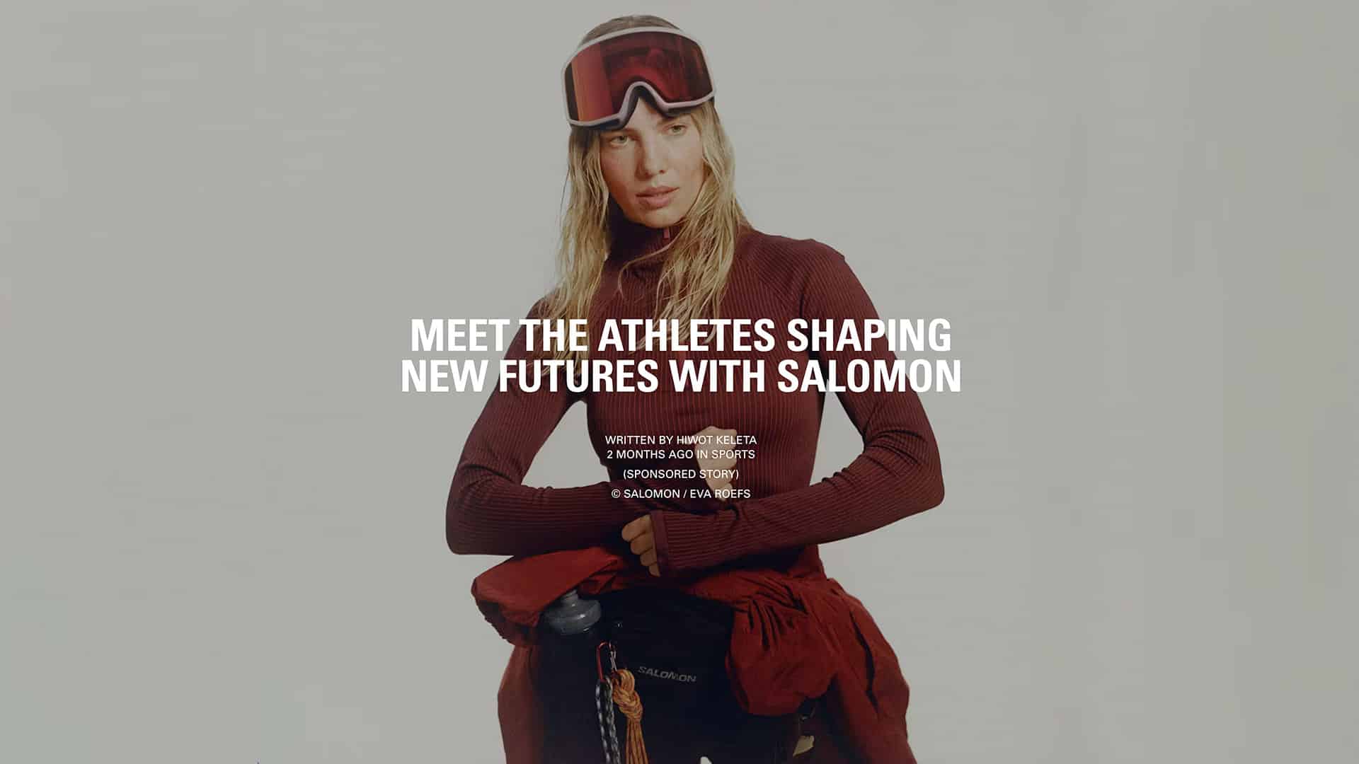 Salomon x Highsnobiety sponsored story image photographed at raw studios., a photoshoot studio in Berlin, showing a female athlete in a burgundy performance look and ski goggles.