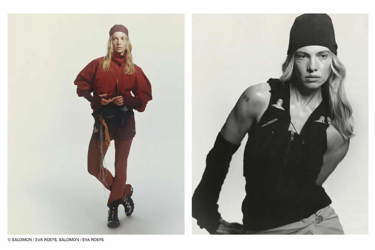 Salomon x Highsnobiety campaign collage photographed at raw studios. Berlin, showing a female athlete in burgundy sportswear and a black-and-white portrait in technical performance styling.