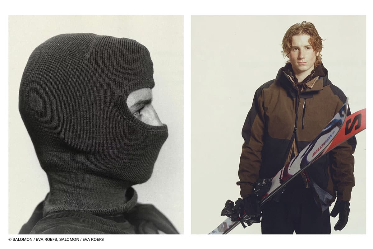 Salomon x Highsnobiety campaign collage photographed at raw studios. Berlin, showing a knit balaclava detail and a male athlete holding skis in winter outerwear.